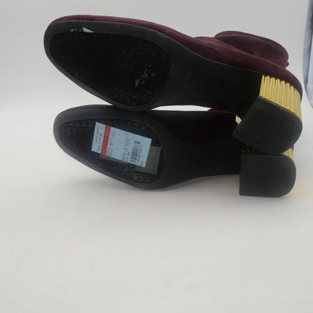 NEW Michael Kors Woman's 7.5 Porter Boots Suede Merlot Burgundy Gold Block Heel